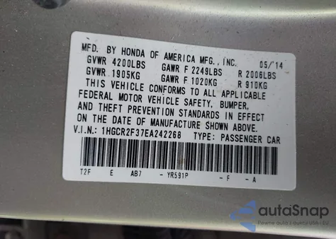 2014 Honda Accord Lx from USA, damaged, VIN 1HGCR2F37EA242268